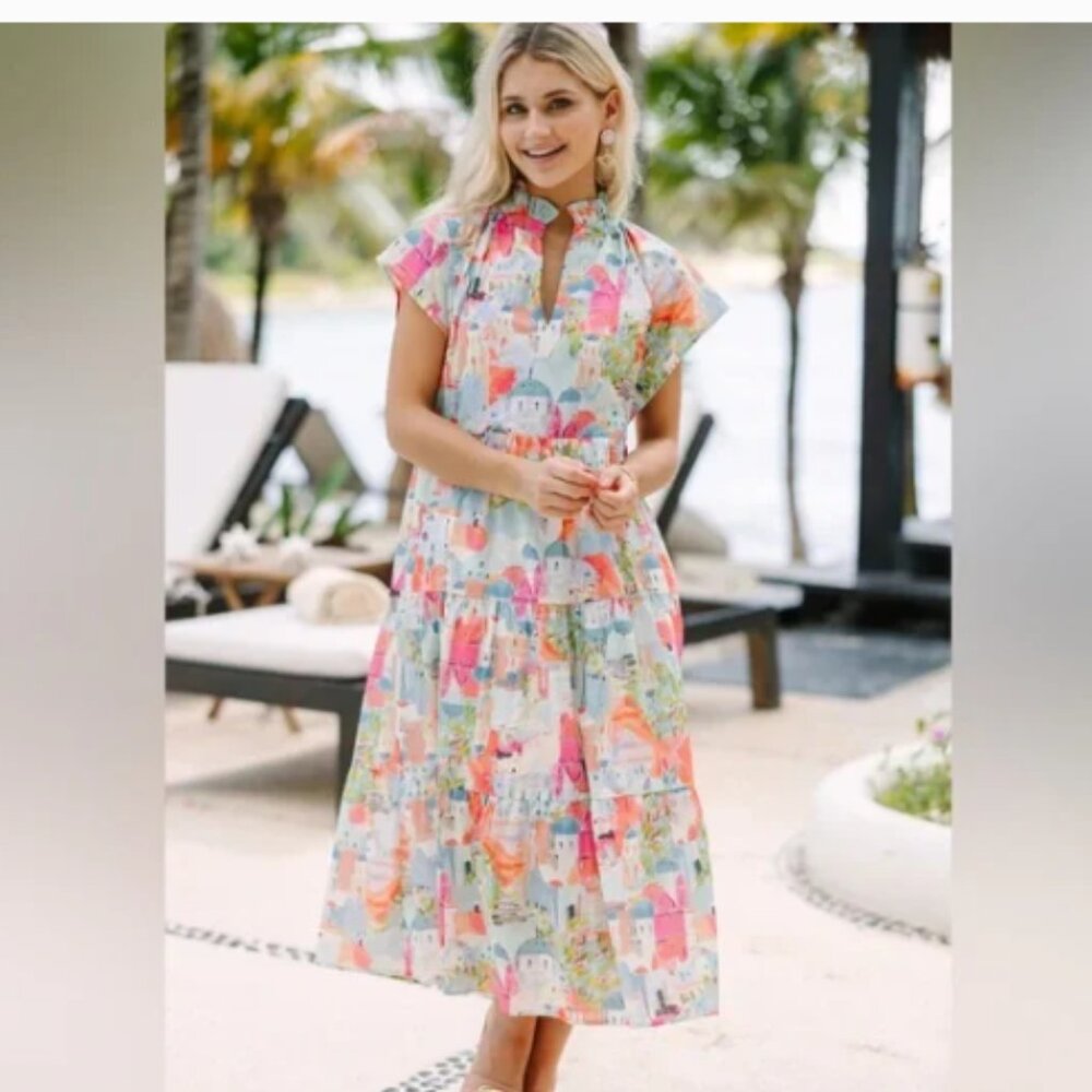 Pinch Santorini Toile Isa Midi Dress Small Houses Travel Pastel Whimsical